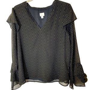 Target A New Day‎ Black Gold Metallic Print Ruffle Trim Top in Size Medium